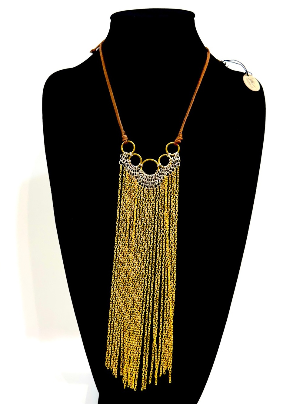 Lena Bernard Gold Fringe Statement Necklace Suede Cord Mixed Metal NWT